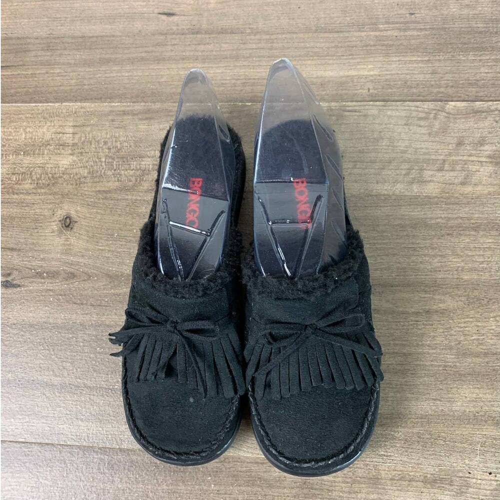 Vintage Bongo Womens Shoes Fringe Black Suede Side On Mules Clogs Size 7